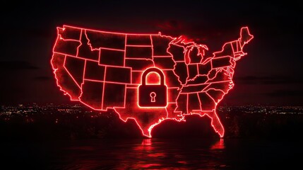 Poster - red light outline of the United States with an American flag and glowing padlock representing security.image