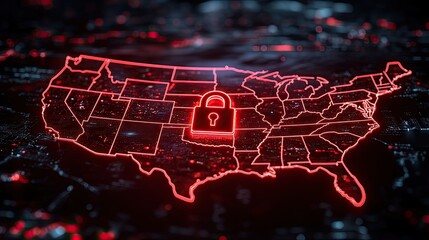Aufkleber - red outline of the United States with an American flag inside, featuring glowing padlock on dark background.image