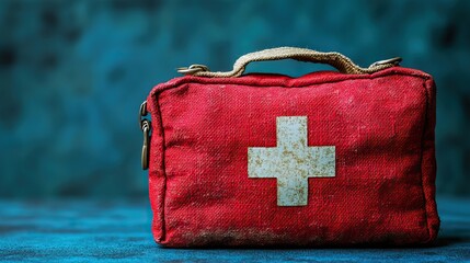 red toy first aid bag is placed on blue background with space for text, symbolizing healthcare.