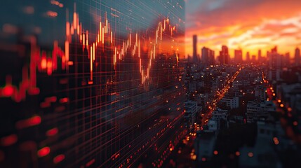 Poster - rising stock market chart with upward arrows and houses in the background, symbolizing growth in the real estate market.illustration
