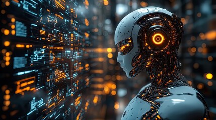 Poster - robot AI head observing virtual dashboard from above podium, symbolizing supercomputing.stock photo