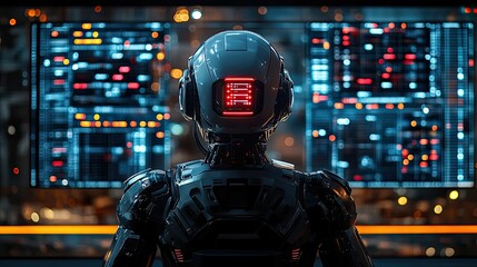 Poster - robot AI head observing virtual dashboard from above podium, symbolizing supercomputing.
