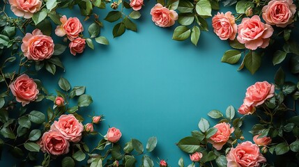 Poster - romantic vintage frame of roses on turquoise background offers beautiful design for invitations or postcards with wedding or birthday theme.image