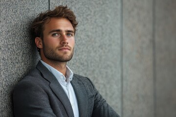 Confident young man in a suit posing against a modern wall.