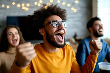 A joyful group of friends celebrating together indoors, showcasing happiness and excitement with bright smiles and dynamic expressions.