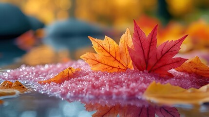 Poster - salt lake with pink algae and fallen maple leaves, creating beautiful autumn landscape perfect for travel or vacation banners with space for message.image