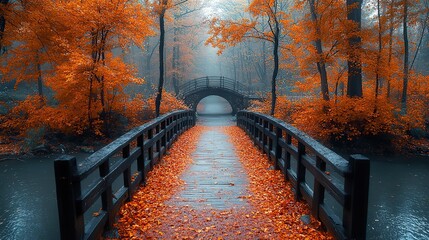 Poster - scenic autumn forest with wooden bridge and orange foliage, capturing the beauty of the fall season.