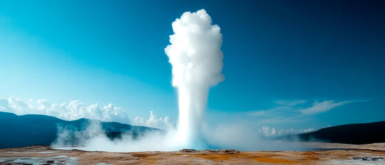 A powerful geyser erupts with steam and water against a clear blue sky