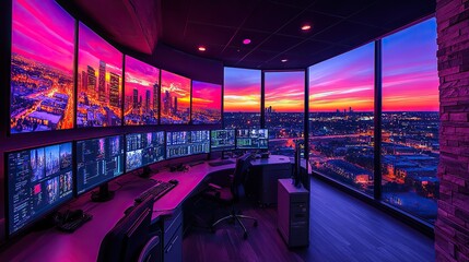 Aufkleber - security control room featuring multiple monitors displaying live footage of the city, in dark lighting.stock photo