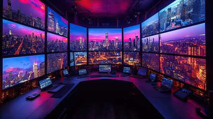 Aufkleber - security control room featuring multiple monitors displaying live footage of the city, in dark lighting.illustration