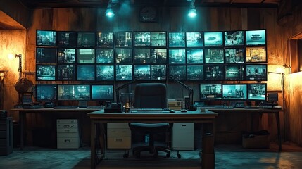 Poster - security control room showcasing monitors displaying live footage, symbolizing advanced surveillance technology.stock photo