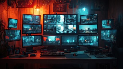 Poster - security office with multiple monitors displaying live footage from surveillance cameras, set in dark room.illustration