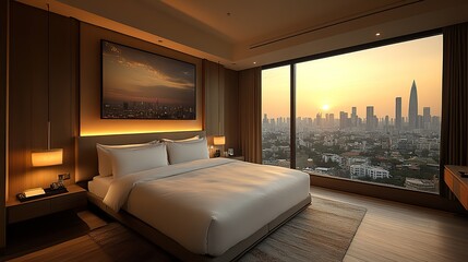 Poster - serene bedroom scene featuring cityscape visible from large window.stock photo