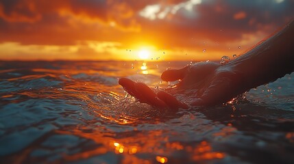 Poster - serene image of male hand interacting with ocean water during sunset.stock photo