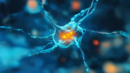 Poster - A close-up of a glowing neuron with synapses extending outward, depicting a network of connections in a blue and orange color scheme.