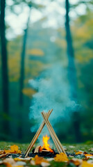 A small campfire surrounded by colorful autumn foliage, with smoke rising into the cool forest air, creating a cozy and inviting atmosphere for outdoor enthusiasts.