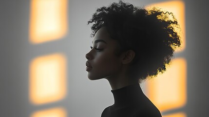 Poster - silhouette of woman with curly hair standing in casual attire, set against white background.image