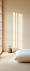 Poster - Minimalist Japanese Bedroom with Futon and Soft Lighting - Modern Traditional Fusion