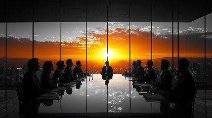 Poster - silhouette of businesspeople sitting around table, engaging in conversation at meeting.stock photo
