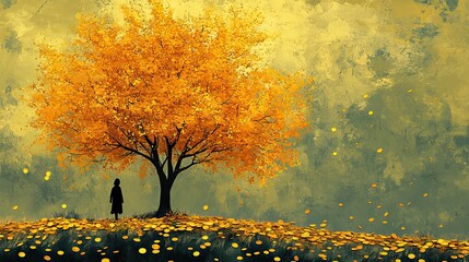 Aufkleber - simple tree with gold coins, featuring person standing underneath it, in retro yellow and black style.