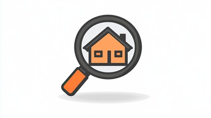 Poster - simple magnifying glass logo with house inside on white background, using minimalistic design elements.