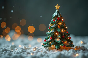 Wall Mural - Close-up of a plasticine craft, a Christmas tree on the snow decorated with a yellow star, red balls and garland on the right side, a festive banner, blurred background