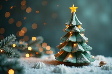 Wall Mural - Close-up of a plasticine craft, a Christmas tree on the snow with a yellow star on the right side, a festive banner, blurred background