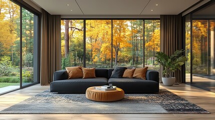 Poster - sleek black sof with pillows and patterned curtains, creating modern living room image