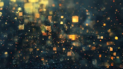 Poster - Abstract digital composition of glowing squares and particles, creating a futuristic and high-tech look with depth and motion.