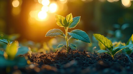 Poster - small plant emerges from the soil, bathed in sunlight, with its delicate green leaves and stem symbolizing growth.image
