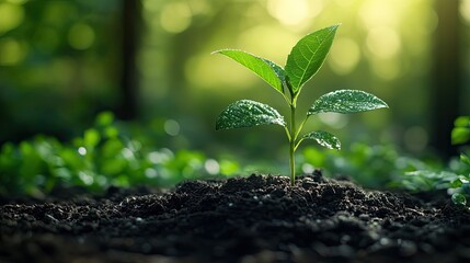 Poster - small plant emerges from the soil, bathed in sunlight, with its delicate green leaves and stem symbolizing growth.illustration