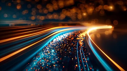 Poster - Dynamic light trails in blue and orange with glowing particles, creating a futuristic, high-speed effect with motion and energy.