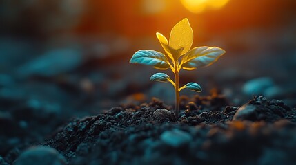 Poster - small plant sprouts from the ground, illuminated by sunlight, representing new life in dark setting.