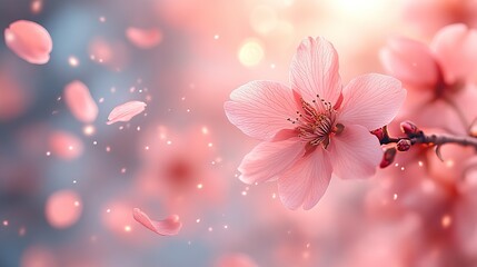 Poster - soft pastel Japanese-style background with cherry blossoms and flying petals.illustration