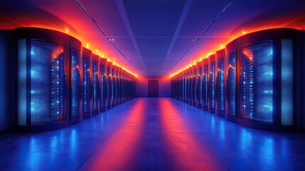 Poster - spacious server room with rows of black and blue cabinets, illuminated by bright lights.image