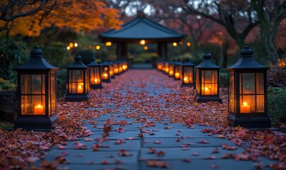 Poster - Enchanting Garden Pathway Lined with Lanterns on a Magical Autumn Evening
