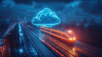 Poster - speeding train on city background, symbolizing the fast pace of cloud computing.stock photo