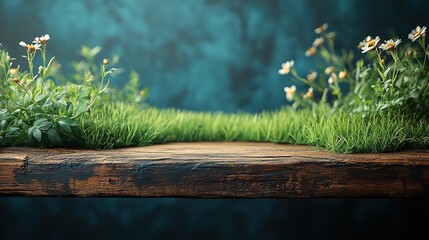Poster - spring-themed background with green grass and wooden table top, perfect for product display.illustration