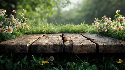 Poster - springtime background with fresh green grass and wooden table top, ready for design use.