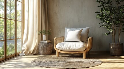 Poster - square canvas pillow mockup on gray armchair in living room setting.stock photo