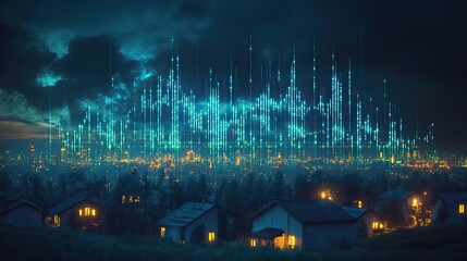 Poster - stock market chart shows rising blue and green lines, with houses and clouds in the background, symbolizing growth in real estate.stock photo