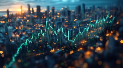 Aufkleber - stock market chart with green and blue candlestick lines, symbolizing growth in the real estate market over time.stock photo