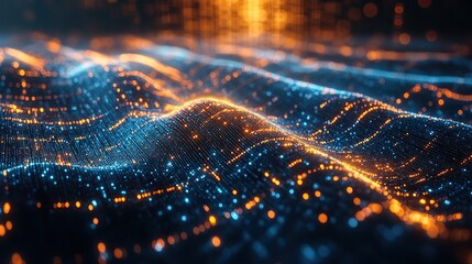 Poster - stock market graph with blue and orange lines on dark background symbolizes financial dat and market growth.
