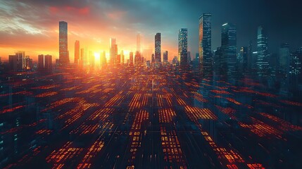 Poster - stock market graph with upward arrows and city skyline, symbolizing financial success.illustration
