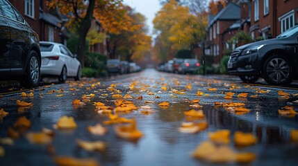 Poster - street filled with yellow leaves in rainy autumn weather, creating wet and reflective scene.illustration