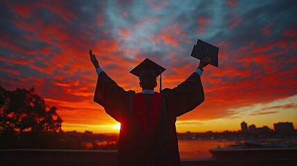 Aufkleber - student in black graduation cap and gown raises diplom at sunset, celebrating success and achievement.image