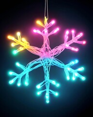 Aufkleber - Vibrant Neon Snowflake Sculpture on Black Background - High-End