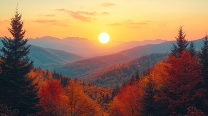 Poster - sunset over an autumn landscape, with Hello October written in cursive inside white circle.illustration