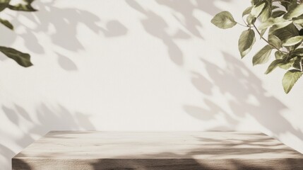 Aufkleber - Minimalist Mockup with Wooden Podium and Green Leaves on White Background