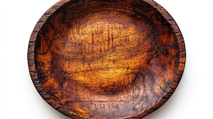 top view of an empty wood plate is shown isolated on white background, ready for use in various designs.